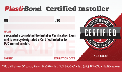Plasti-Bond installer certification card sample
