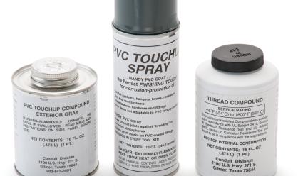 PVC Touch-Up Compound is available in a pint size can with a brush-top applicator or in a 12 oz. aerosol can