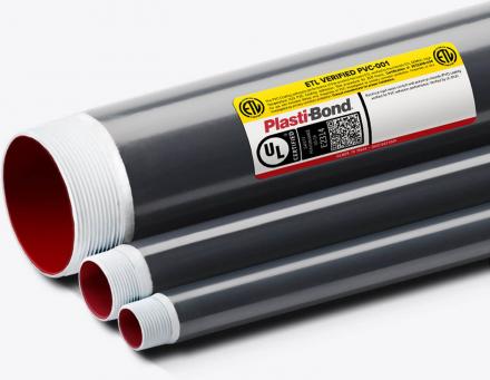 3 Plasti-Bond PVC-conduit of different sizes brandishing the ETL PVC-001 Verification label