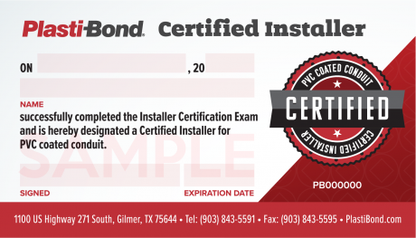 Plasti-Bond Installer Certification Card sample