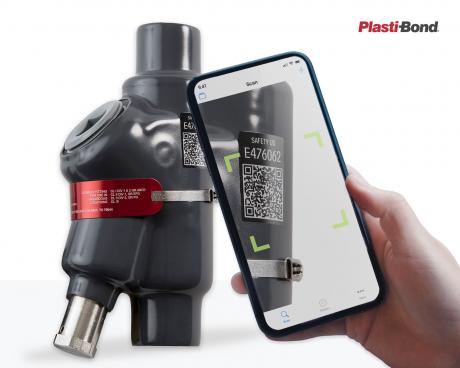 A Smart Device Scanning a product UL Smart QR Code on a Plasti-Bond Sealing Fitting