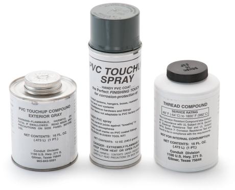 PVC Touch-Up Compound is available in a pint size can with a brush-top applicator or in a 12 oz. aerosol can